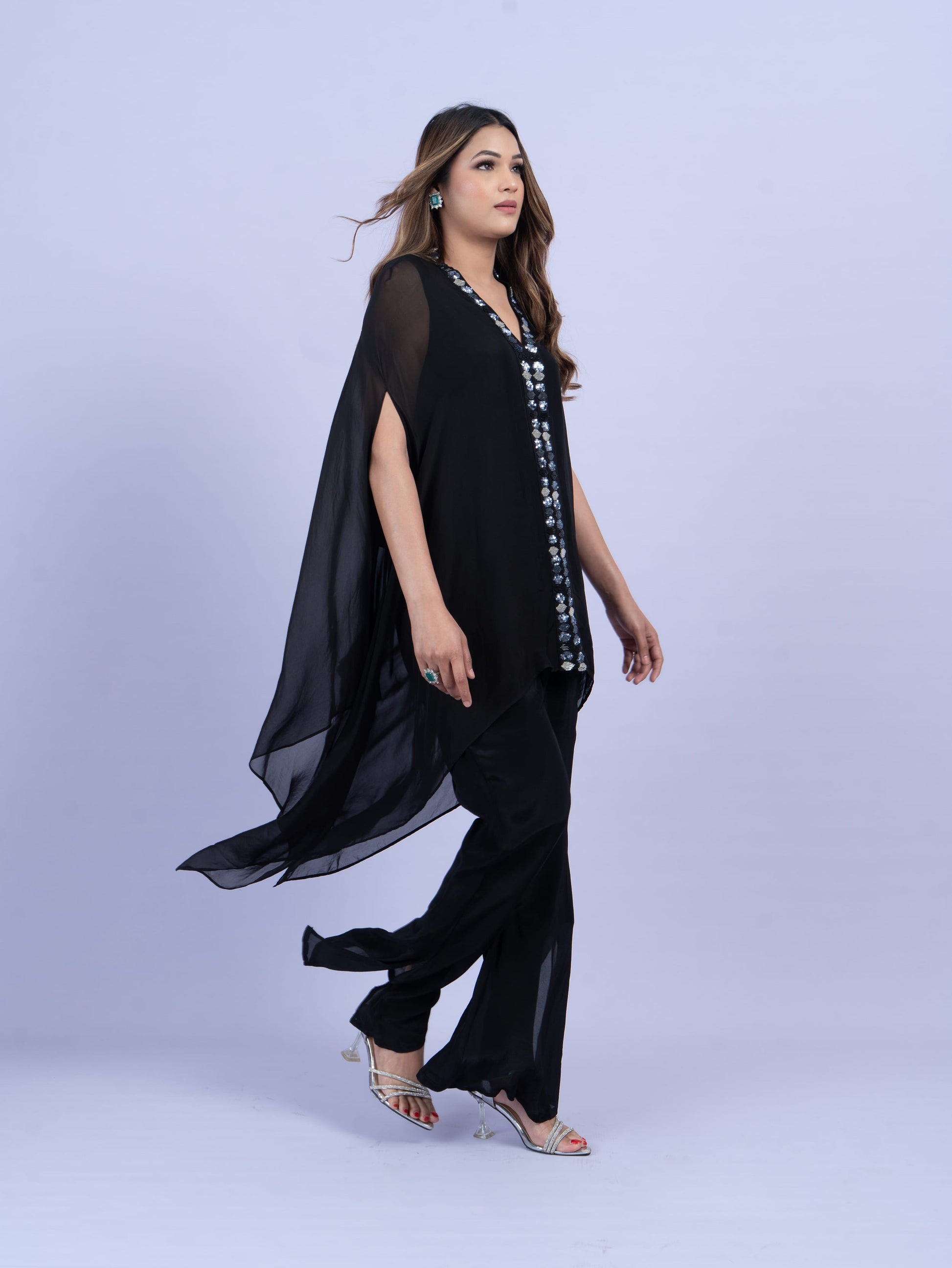 Black coord set with hand embroidery paired with bell bottom pant