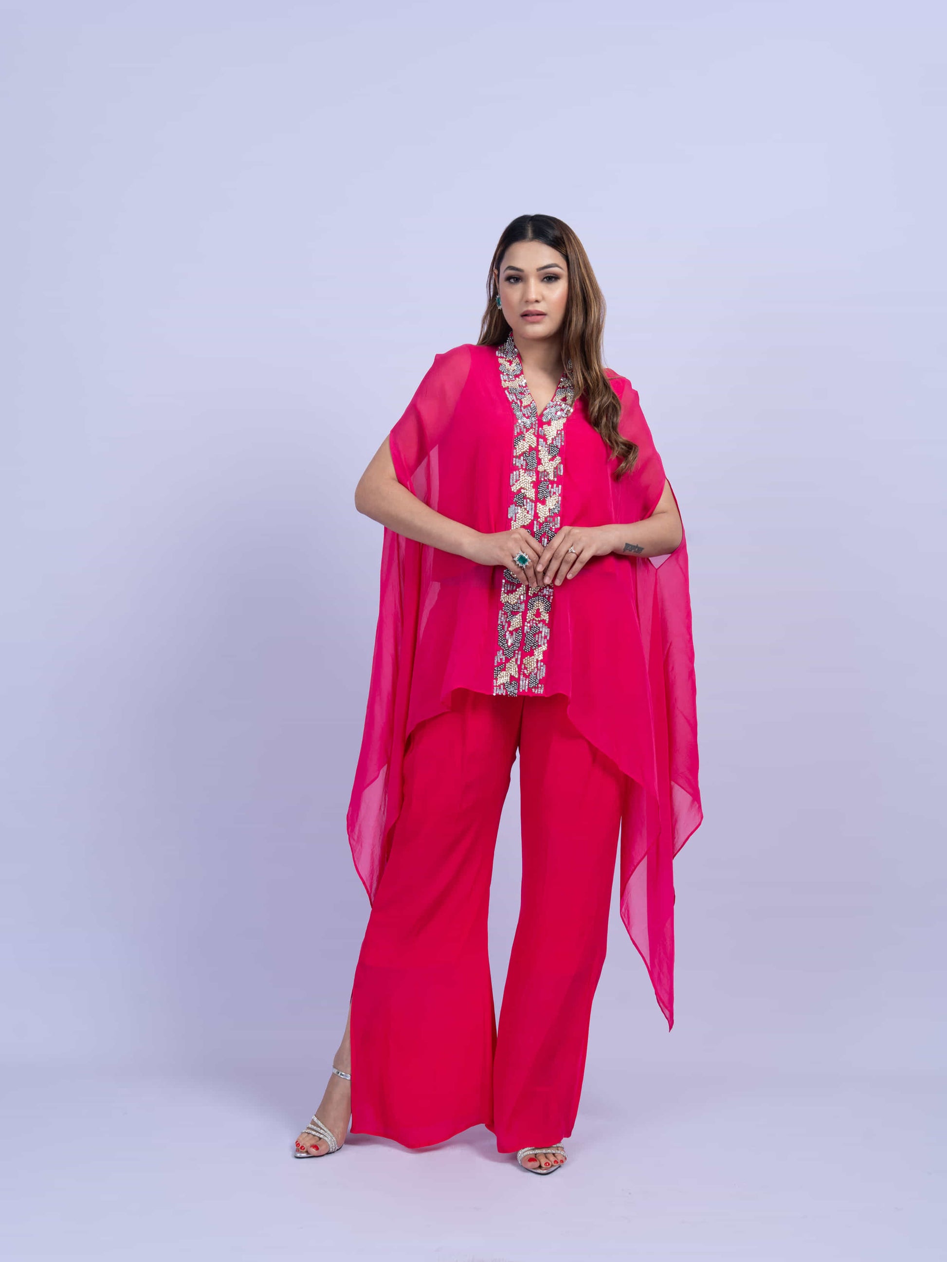 Rani pink coord set with hand embroidery paired with bell bottom pants
