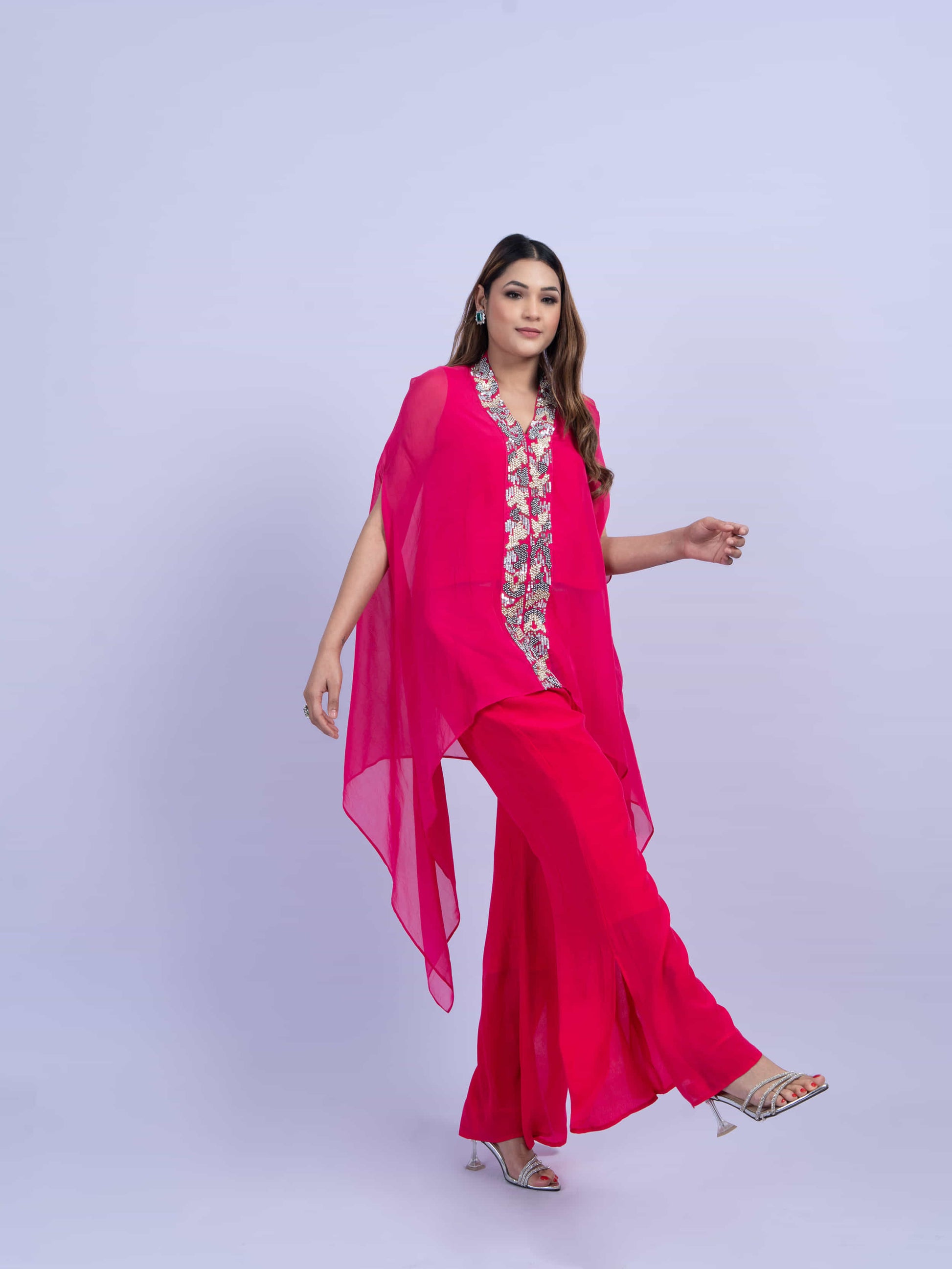 Rani pink coord set with hand embroidery paired with bell bottom pants