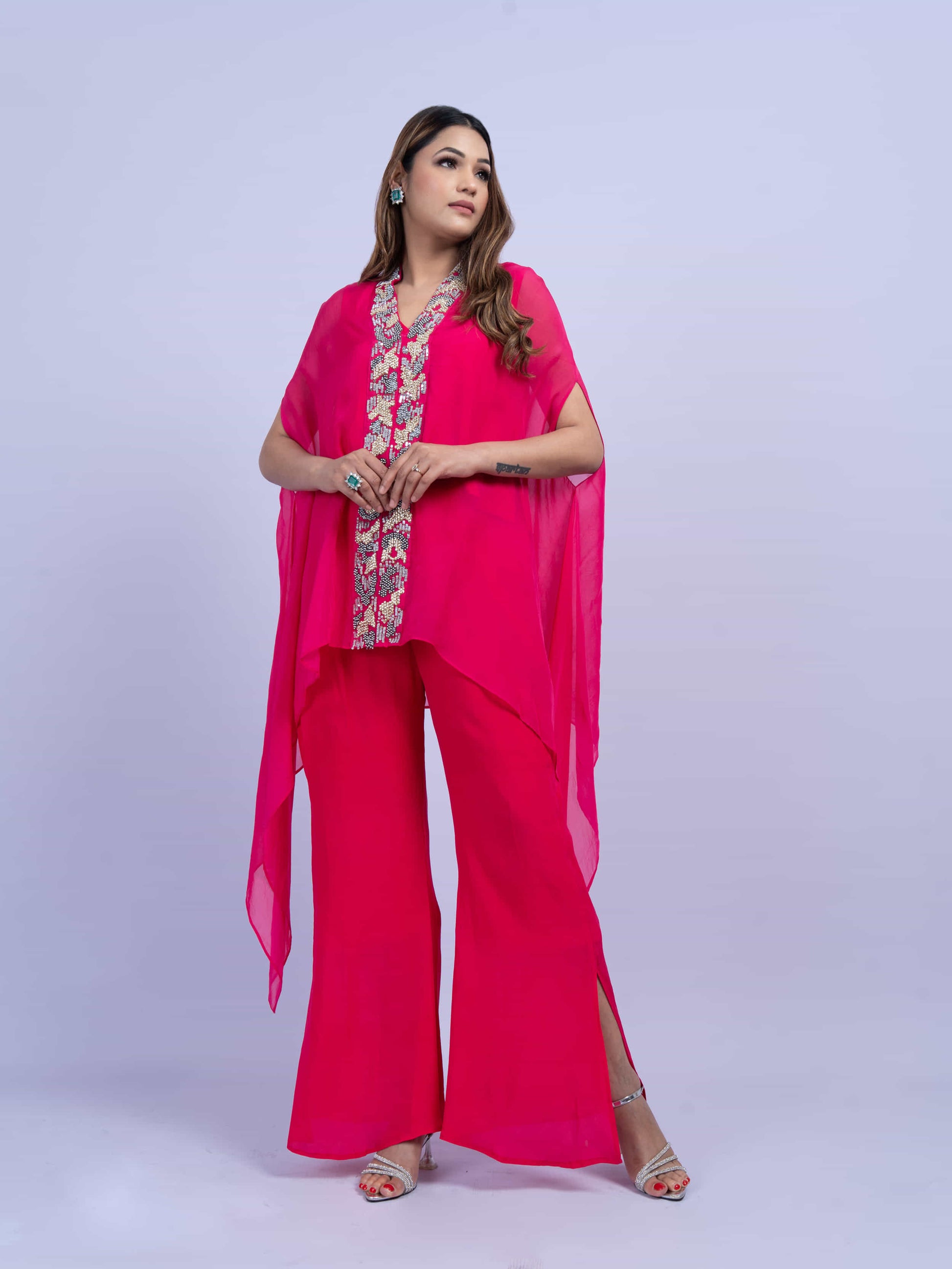 Rani pink coord set with hand embroidery paired with bell bottom pants