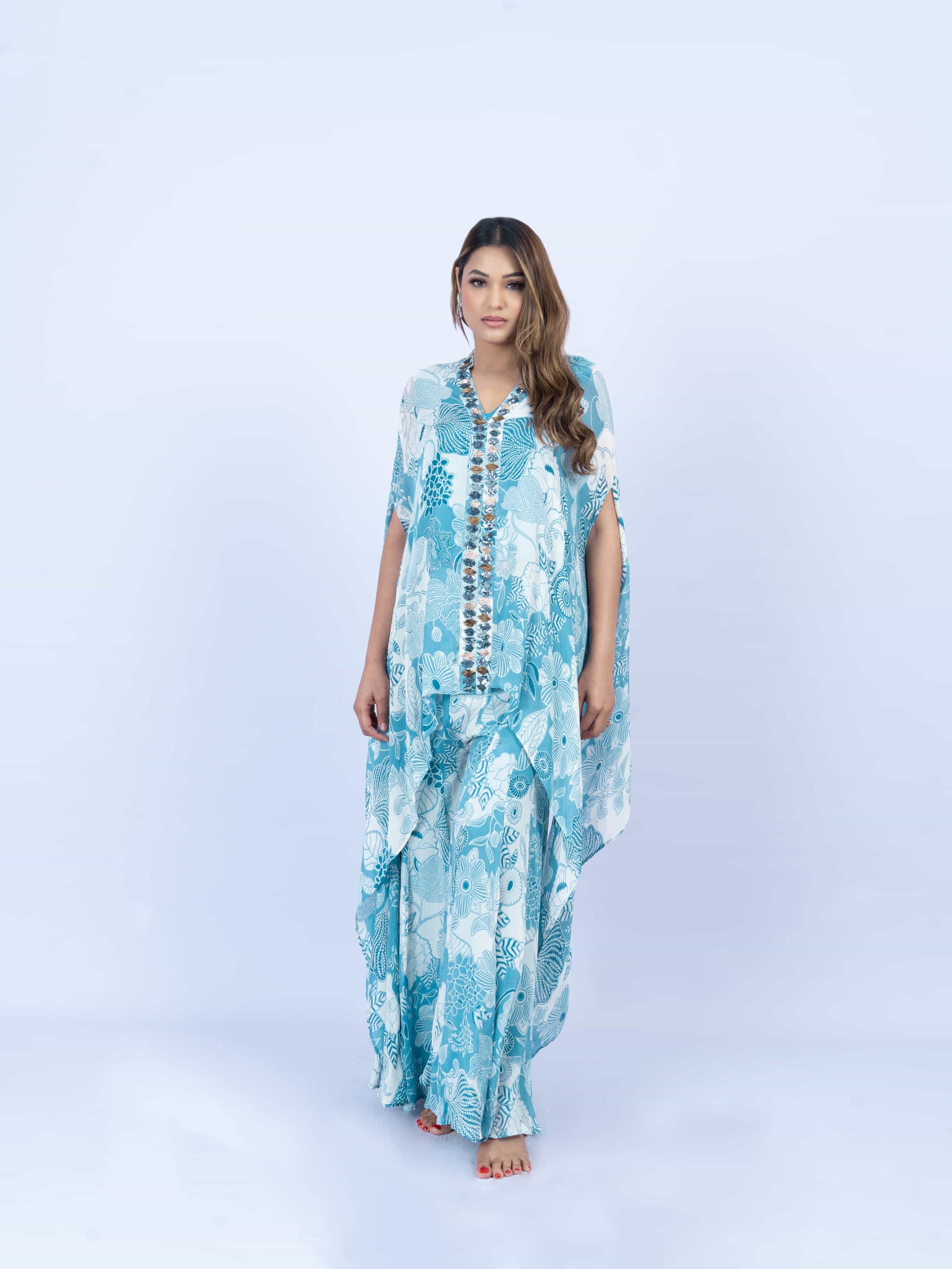 Printed cape set with embroidery on the front paired with printed sharada