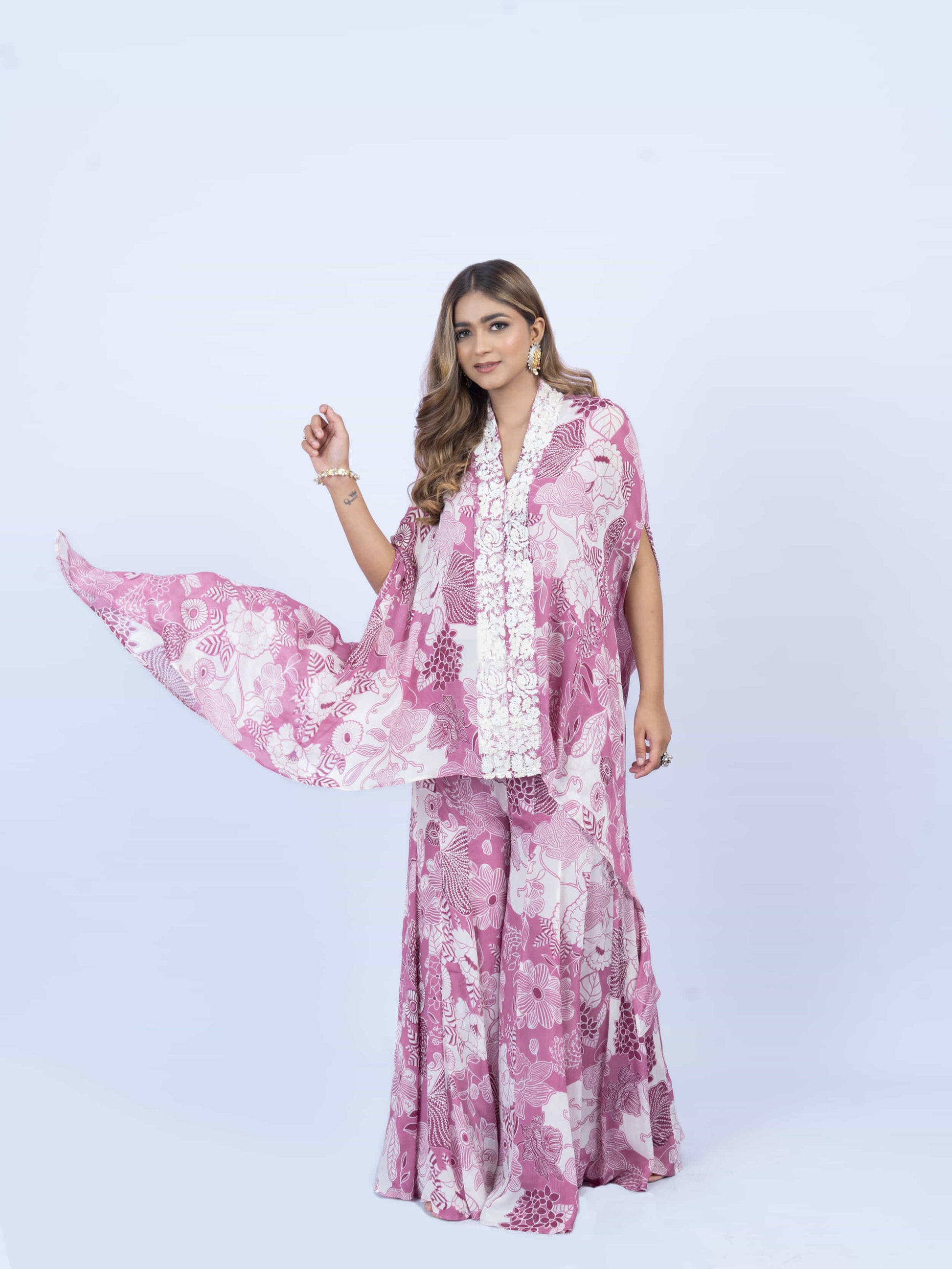 Printed cape set with embroidery on the front paired with printed sharada