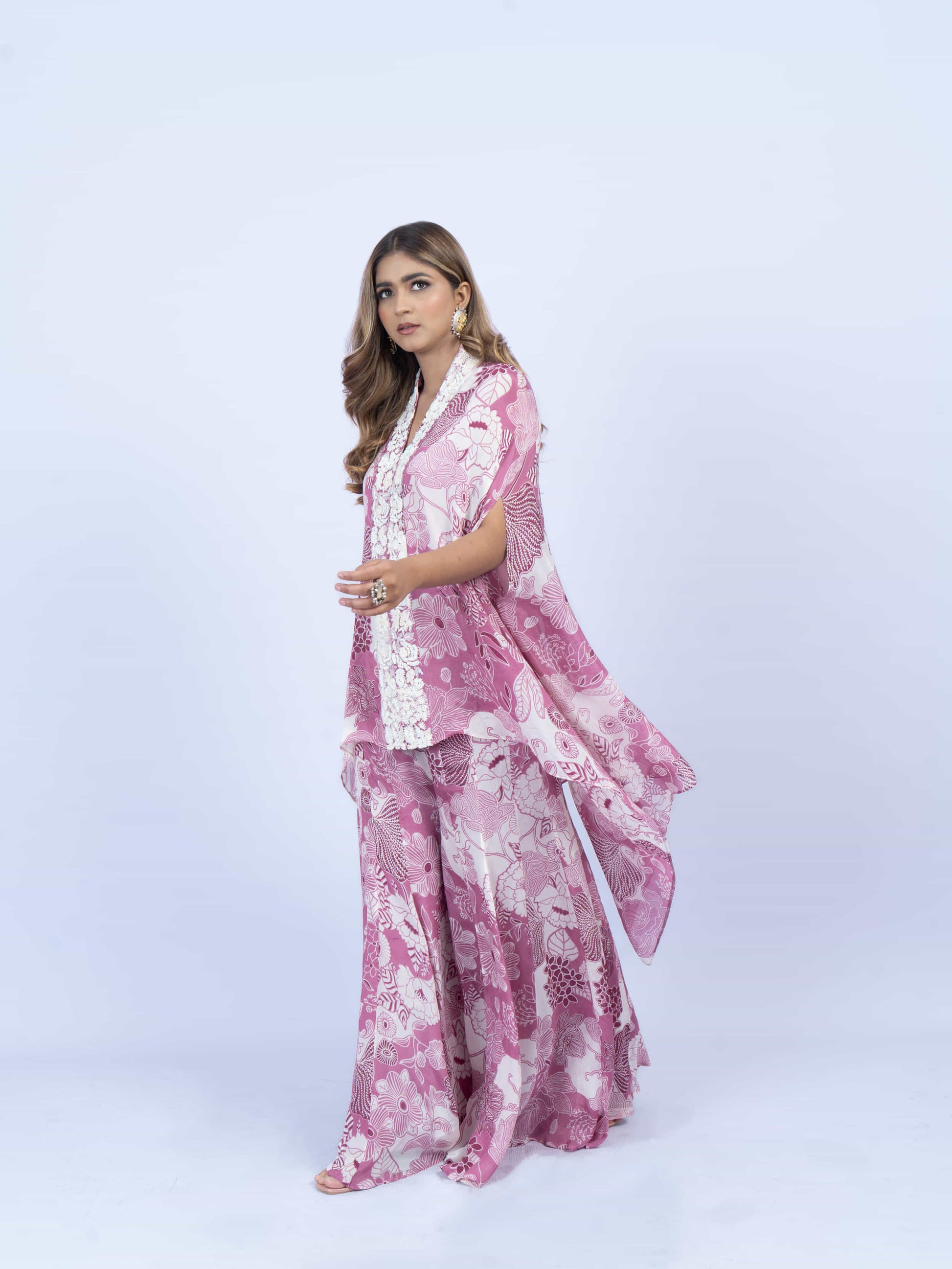 Printed cape set with embroidery on the front paired with printed sharada