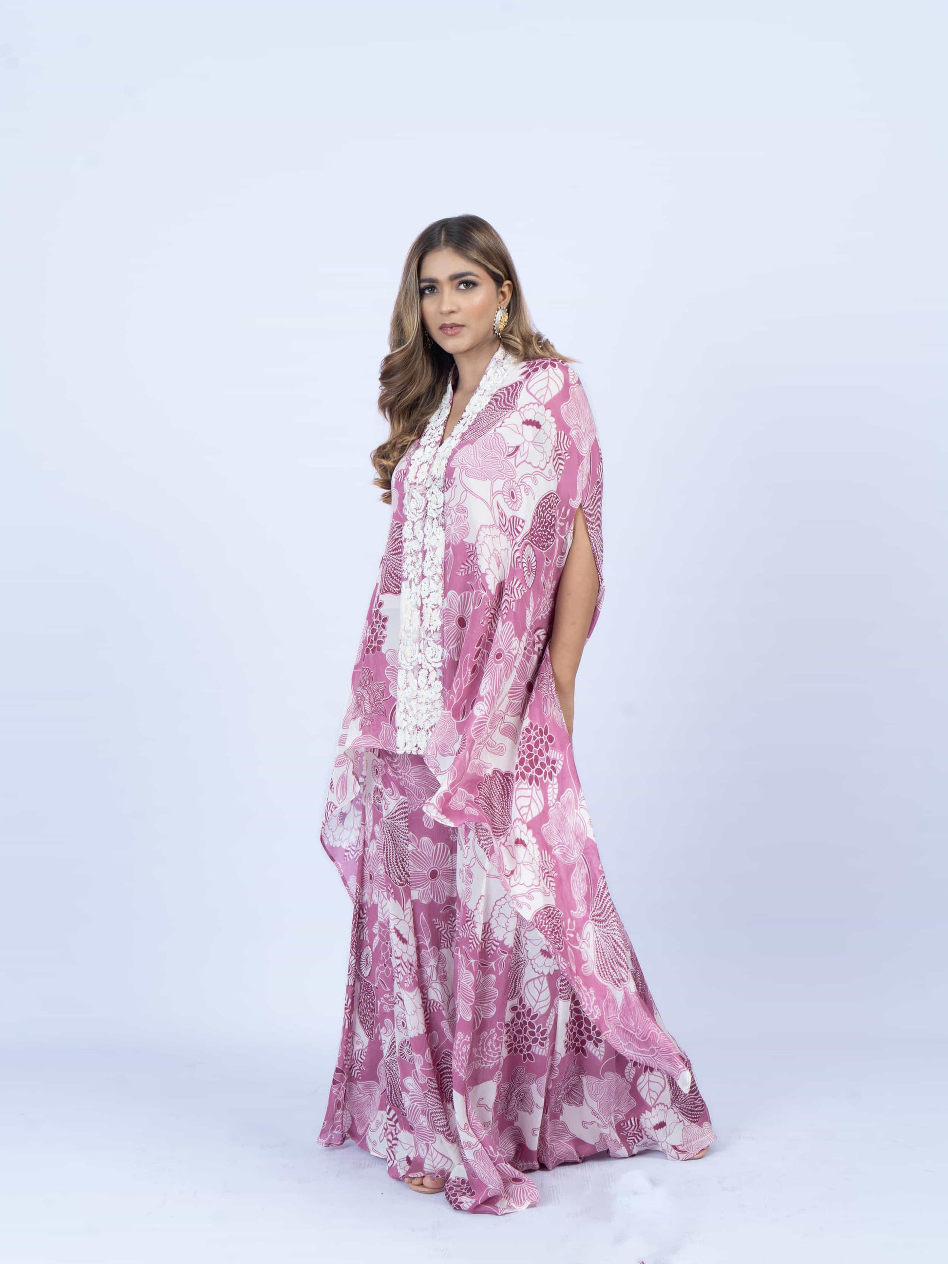 Printed cape set with embroidery on the front paired with printed sharada