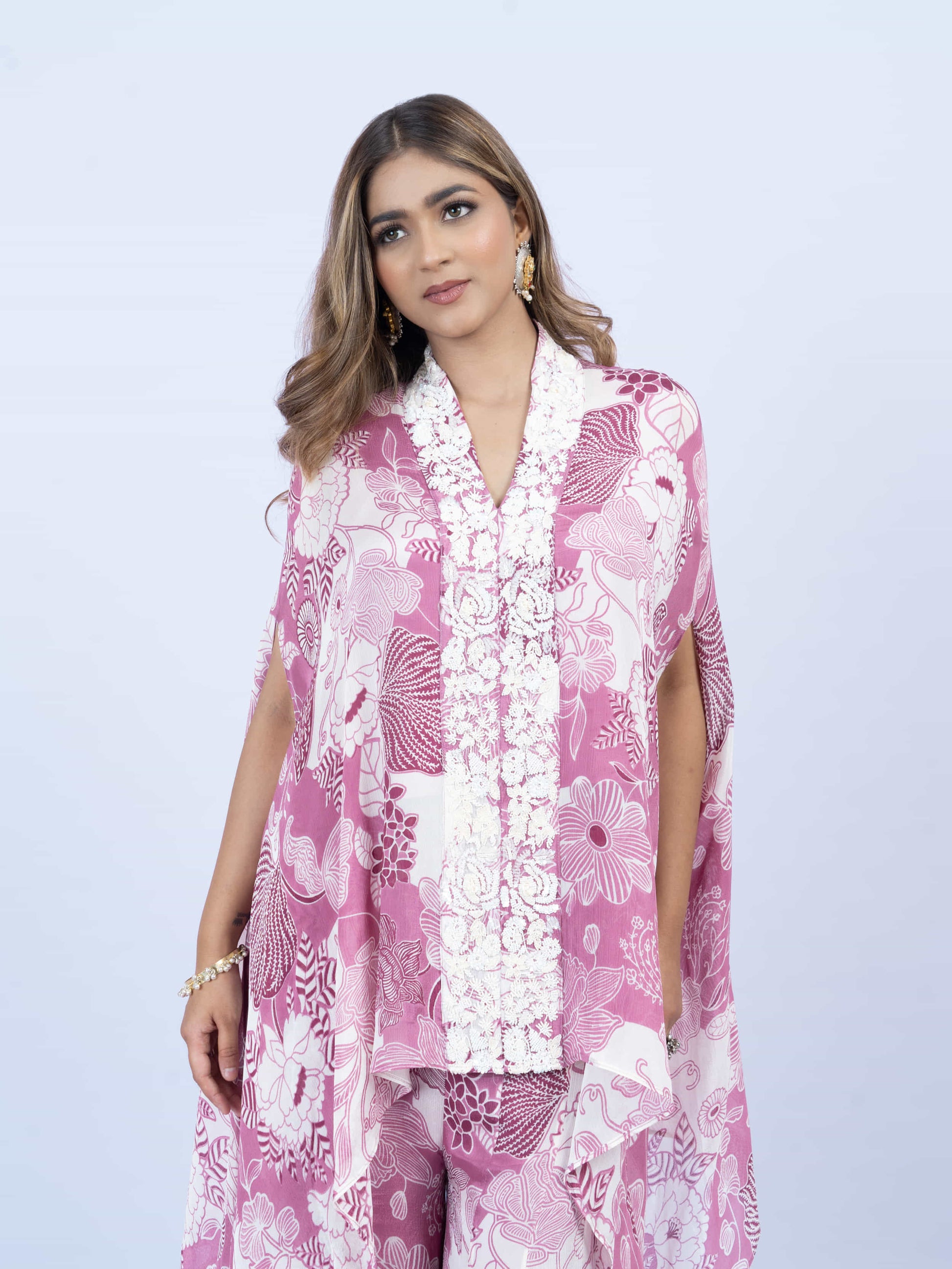 Printed cape set with embroidery on the front paired with printed sharada