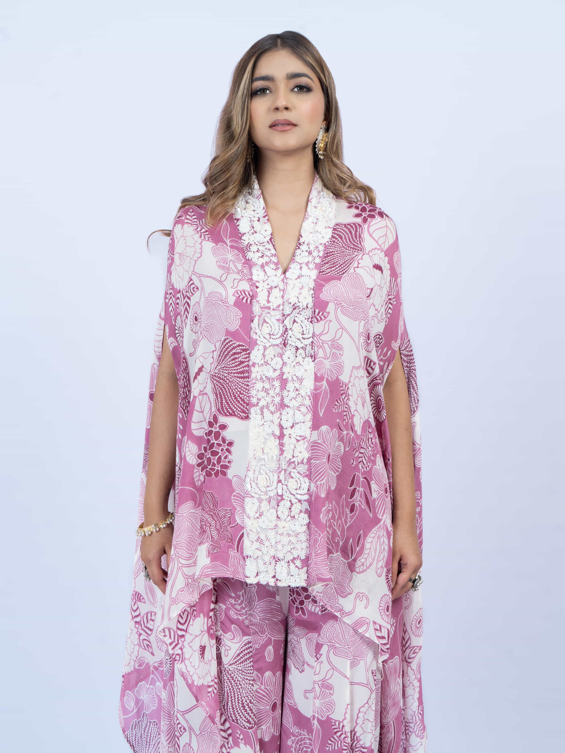 Printed cape set with embroidery on the front paired with printed sharada