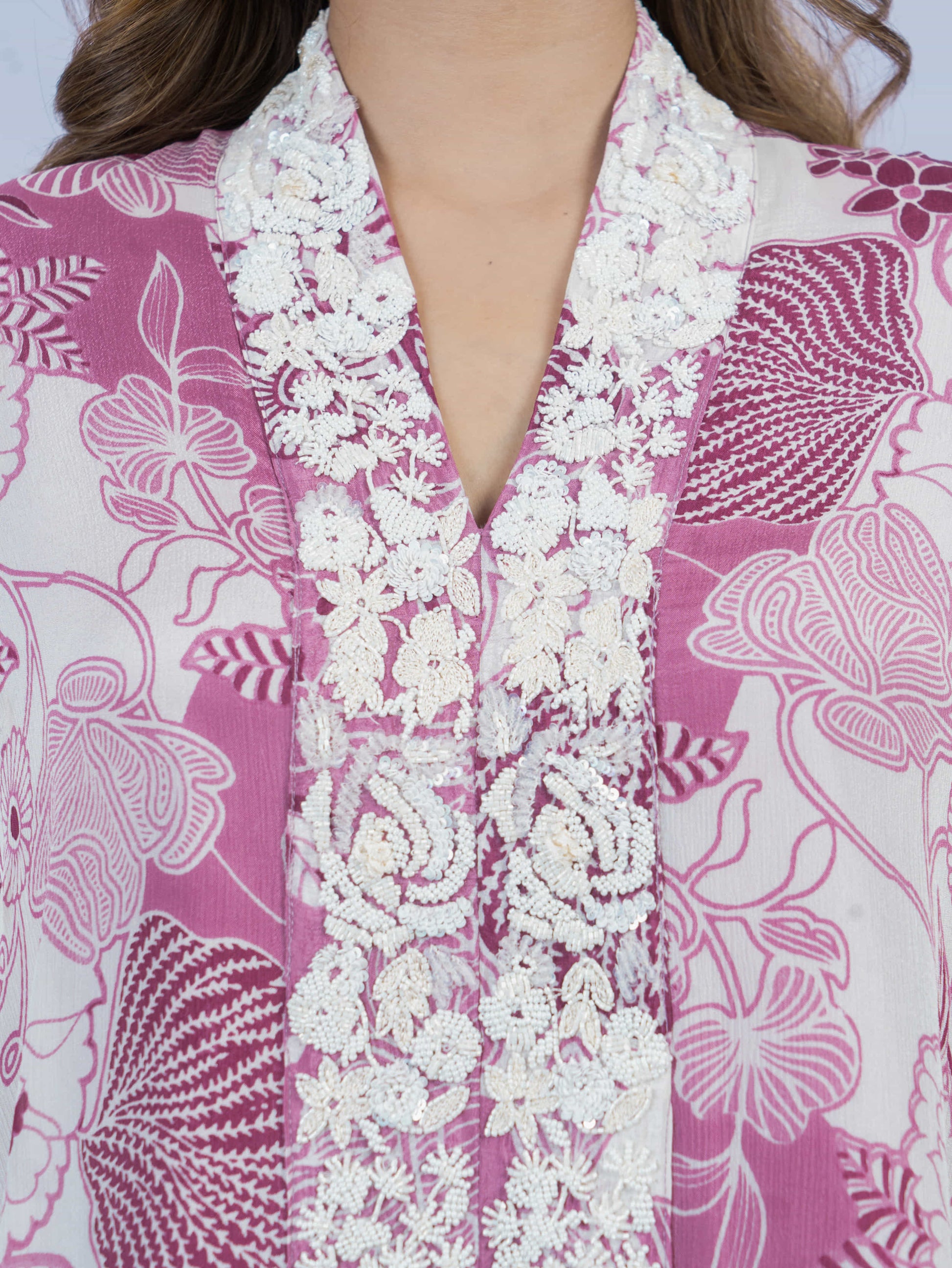 Printed cape set with embroidery on the front paired with printed sharada
