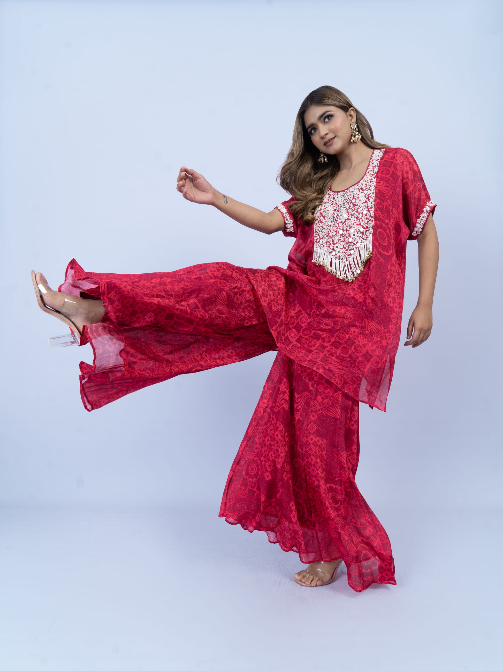 Printed kurta set with hand embroidery on neck and sleeves