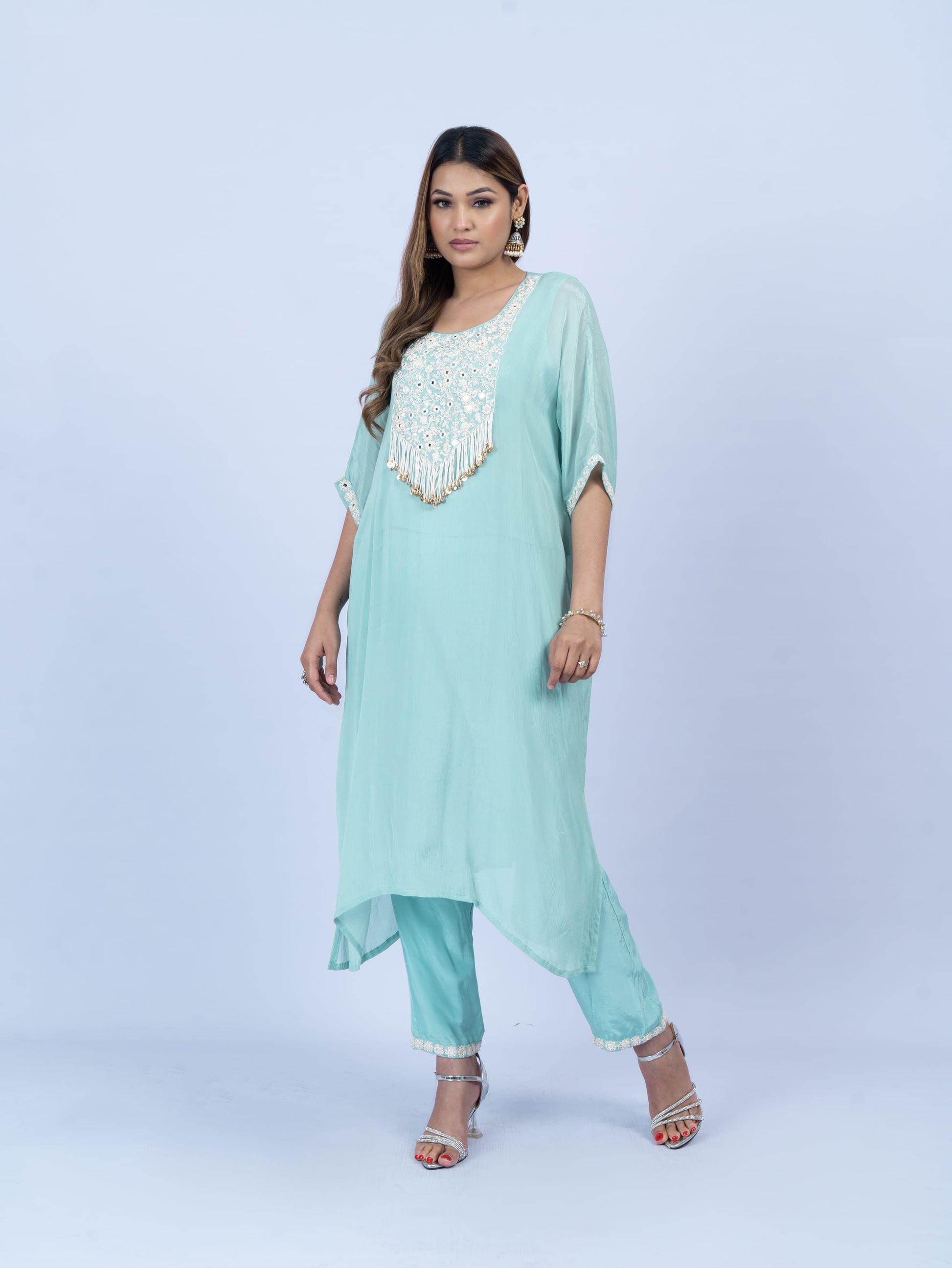 Solid kurta set with hand embroidery neck,sleeve,pant