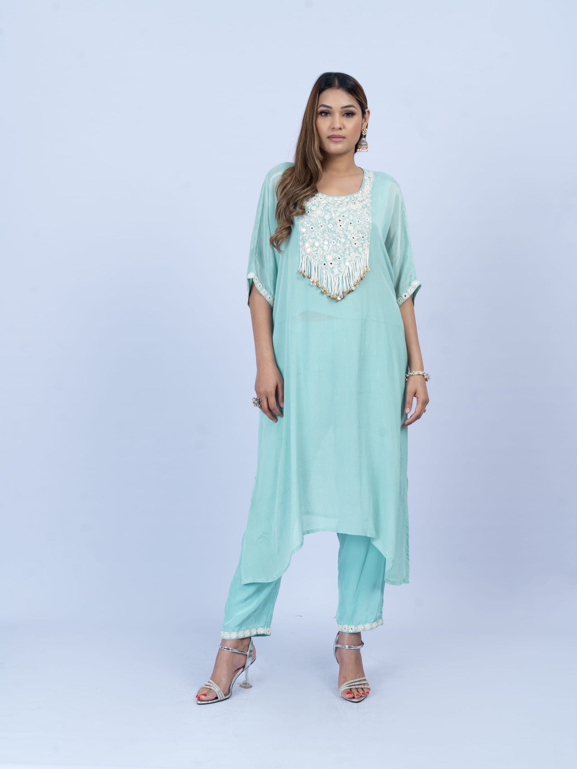 Solid kurta set with hand embroidery neck,sleeve,pant
