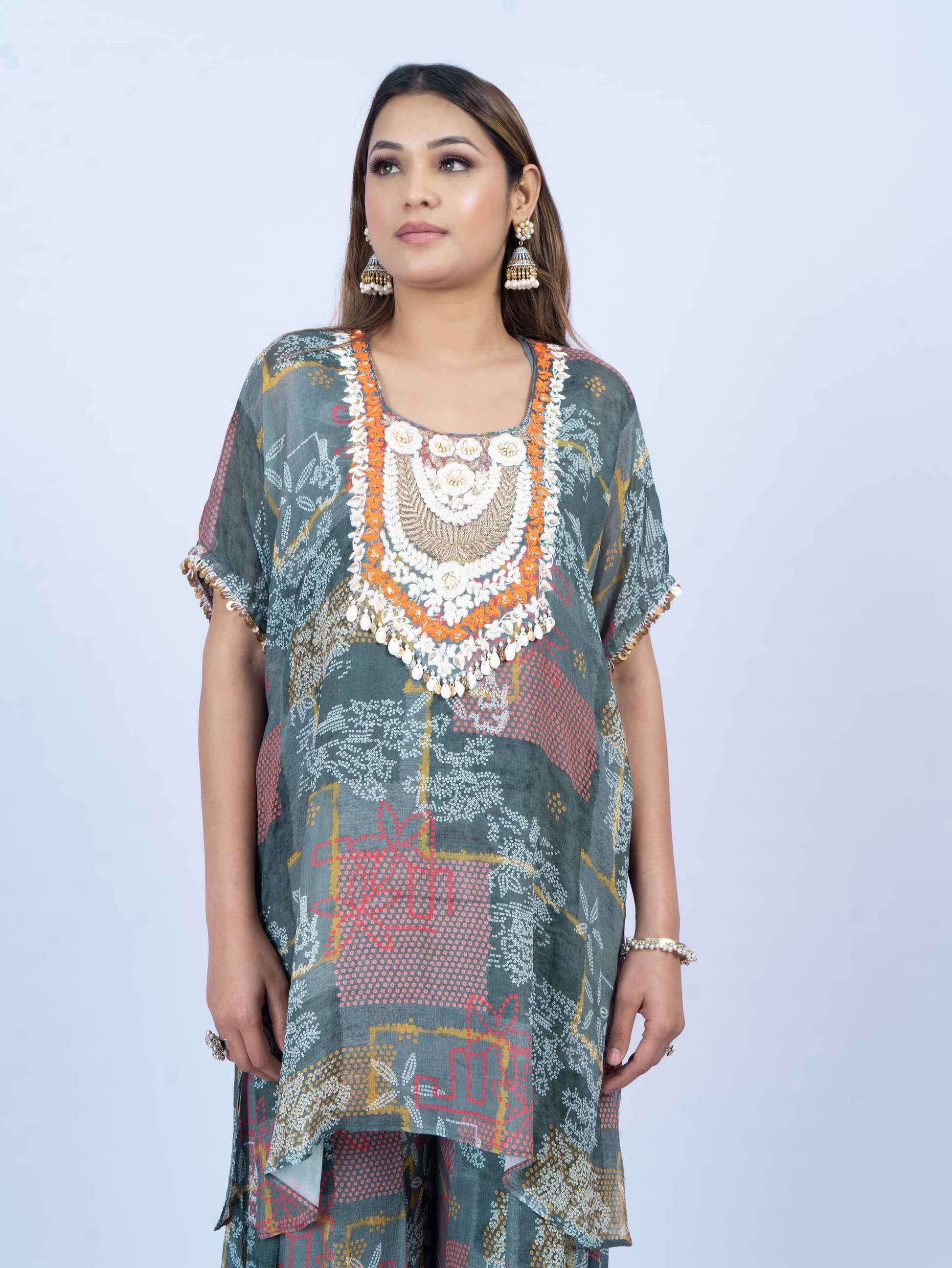 Printed kurta set with hand embroidery on neck