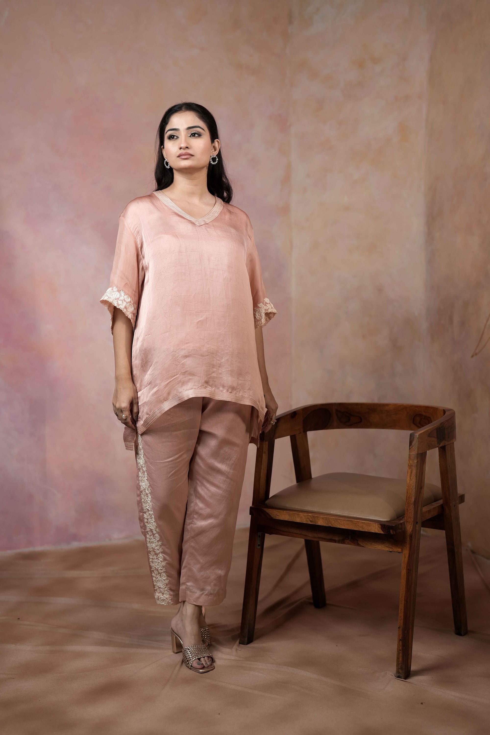 DROP SHOULDER TUNIC SET WITH EMBROIDERED PANTS