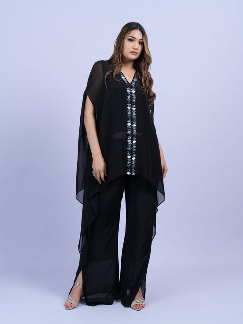 Black coord set with hand embroidery paired with bell bottom pant
